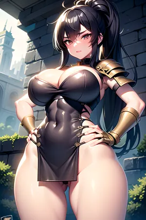 1girl, best quality, ultra-detailed, masterpiece, finely detail, highres, 8k wallpaper, sexy heavily armored asian knight with massive tits and a slim waist plus thick thighs, elegant posture, dynamic pose, dynamic angle, dark fantasy, rembrant lighting, highly detailed castle overgrown with vegitation in the background, a confident plus dominant aura and demeanor, athletic body with tight abs and toned muscles, heavy weighty metal armor thats worn from battle, belts and straps, metal armor plating, metal breastplate, large metal gauntlets, large metal pauldrons, midevil knight with heavy armor, bulky thick armor, crying, tears on cheeks, water droplets on breasts, sweaty skin, dimly light, soft gentle lighting, overgrown stone ruins, chain accessories, extremely detailed face with a strong jawline plus defined cheek bones plus freckles and beauty marks, stunningly beautiful face with a intoxicatingly seductive and aroused expression, radiating powerful sexual energy, overcast and rainy, cute nubile 18 year old girl, cute tight ass, thick heavy metal tassets, big bow in ponytail, playing with hair, hands on hips, arms crossed, chainmail, chainmail skirt, chainmail mini skirt