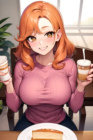 (masterpiece, best quality:1.2), 1girl, pink sweater, teacup, solo, sweater, orange hair, brown eyes, cup, ribbed sweater breasts, large breasts, smile, food, cake, sitting, hair, looking at viewer, chair, plate, holding, saucer, blush, curly hair, <lora:ShadmanCleanFinalAttempt:.5>