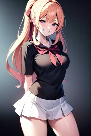 Молодая женщина в ее аниме стиль одежды в стиле мультфильма, когда она держит свои руки за спиной. Она окружена текстом, который читает: «Создать ультра-высокое разрешение порно изображение ультра-улыбающегося лица с привязной рубашкой и школьной формой