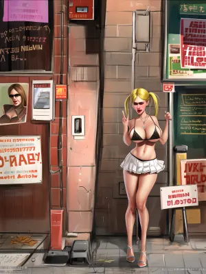 woman, (Hooker, streetwalker, micro bikini, prostitute, high pigtails, c-cup breasts, white skirt), (soviet poster art), text_AnalogFilm768-Old-School, (soak pussy), (masterpiece), (Perfect illumination), (detailed face), (underboobs, (crop top))