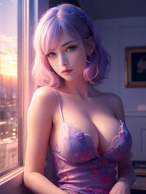 Die KI erzeugte eine atemberaubende 8K Tapete eines schönen Porzellan Profil Frau Gesicht mit rosa und lila Sonnenuntergang Hintergrund