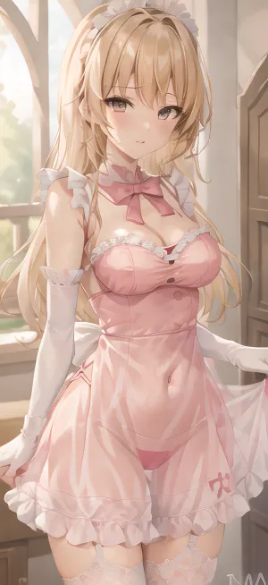 A menina adulta jovem estava usando uma imagem altamente detalhada e de alta qualidade AI-gerrated dela vestindo um vestido muito sexy e frilly transparente com saia lápis, petticoat, apron, lingerie visível através da vista traseira. Era ela