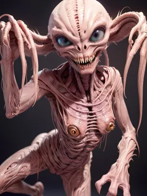 Una niña de 24 años con maquillaje rosa brillante, una cara bonita, ojos medianos, un capullo suelto descuidado en el pelo oscuro barrido, código blanco, nariz pequeña y cara delgada estaba en imagen de 8k con esqueleto detallado y tentáculos