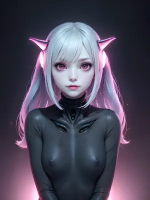 Una mujer, de 24 años, con maquillaje rosa brillante y peinado suelto sobre su cabello barrido, se muestra en una postura floja descuidada con sus manos sobre su cabeza y las piernas extendidas a lo ancho. Su cara está contorsionada de placer