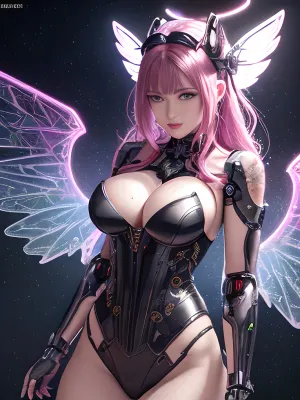 An 8k cg wallpaper with high-quality ultra-detailed illustrations of a mecha cowgirl in a neon environment, featuring intricate details such as laser beams, glowing eyes, and reflective pink and purple skin. The image features intricate neon mechanical