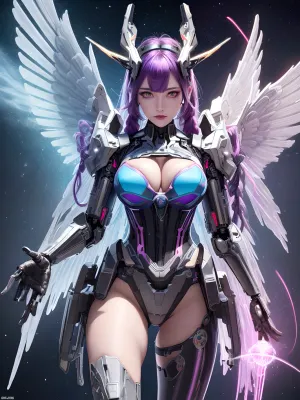 The AI-generated text describes a high-quality, ultra-detailed 8k cg wallpaper with intricate neon colors and vibrant hair. The image is shot from a mecha cowgirl's perspective, showcasing her intricate mechanical parts and random expressions