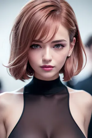 The woman in the photo is wearing a stunning pink dress with intricate details, and her hair is upswept, giving her an intense look. Her eyes are filled with intensity, and she has perfect makeup. The photo was taken using a Panason