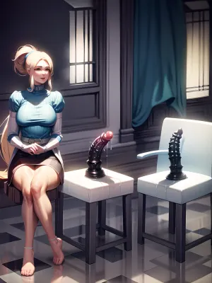 Une jeune fille adulte est assise sur une chaise, elle retourne au public, portant des talons hauts et une jupe courte. Elle a un gode dans la main et porte des talons hauts. L'image est si détaillée que vous pouvez voir la flaque de