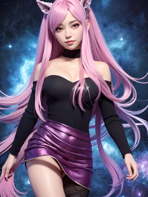 A young adult girl with high detailed AI, generated 3dmm style, 1young adult girl with medium shot black sweater and jewelry. She is looking at the sky while she is holding a purple hairpin in her hand
