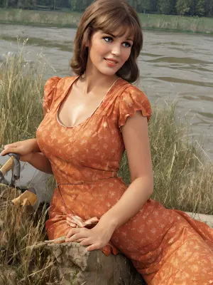 best quality, ultra-detailed, masterpiece, finely detail, highres, 8k, caucasion brunette woman, straight cut bangs, in beautiful dress, 1970s pinup model, (painting), in the Moscow, USSR maid On the banks of the river, evening, pin up, beautiful dress, in the ussr, Happy woman, 50sphotorealistic, <lora:womSov:.5>, dawma3, <lora:Mary Ann_dawma3:.5>, realistic photo, gaz3102, <lora:GAZ3102:.5>