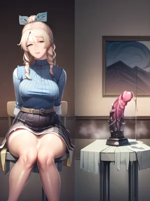 A jovem adulta sentou-se numa cadeira, de volta ao público. Ela estava usando uma saia curta e tinha suas pernas abertas. Na frente dela era um grande vibrador, que foi perfeitamente iluminado pelas luzes na sala