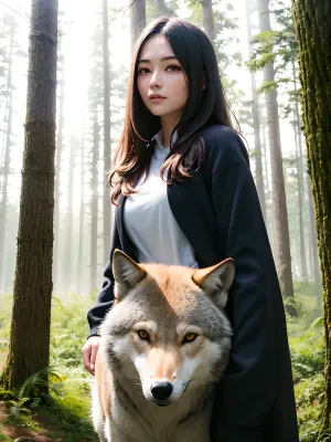 The woman stood in the clearing, her eyes scanning the forest for any signs of danger. Suddenly, she heard a rustling in the bushes and turned to see a wolf emerge from the trees. The wolf was massive, with piercing blue eyes that seemed