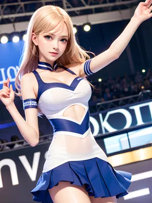 A high school cheerleader with blue eyes and blonde hair was posed for a photo shoot using ultra-realistic technology, resulting in a realistic image that was so lifelike it could have been mistaken for a real person