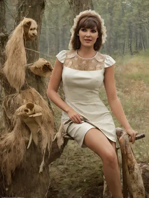 best quality, ultra-detailed, masterpiece, finely detail, highres, 8k, caucasion brunette woman, straight cut bangs, in beautiful dress, 1970s pinup model, (painting), in the Moscow, USSR maid, in forest, evening, pin up, beautiful dress, in the ussr, Happy woman, 50sphotorealistic, <lora:womSov:.5>, dawma3, <lora:Mary Ann_dawma3:.5>, realistic photo, gaz3102, <lora:GAZ3102:.5>