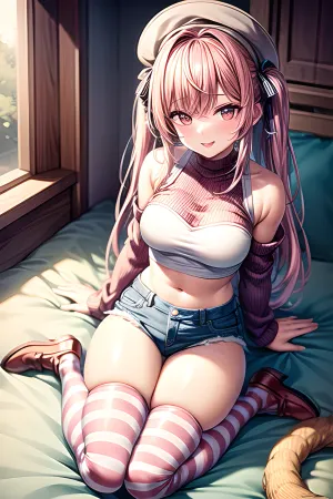 (masterpiece, best quality), 1girl, pink hair, crop top, denim s, bedroom, striped thighhighs, <lora:add_detail:1>