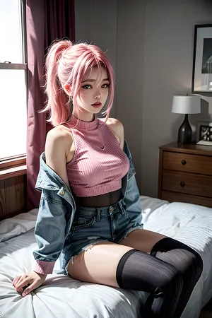 Die KI generierte ein Meisterwerk mit den Schlüsselwörtern "AI, erzeugen, Pornos, Bild, beste Qualität", und "1girl", und dem Schlüsselwort "pink hair". Die Geschichte ist über ein Mädchen mit gezüchteten Oberschenkeln, die einen gestreiften Oberschenkel trägt