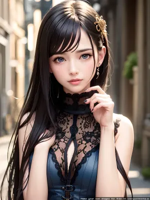 a hyper realistic ultra detailed photograph of a beautiful steampunk girl at a dark rundown city, dark hair, steampunk outfit, long wild hair, perfect face, perfect nose, full lips, fashion pose, detailed symmetric beautiful blue eyes, detailed gorgeous face, steampunk environment, exquisite detail, skinny body, topless, front view, long eyelashes, erect detailed nipples, small breasts, close up view
