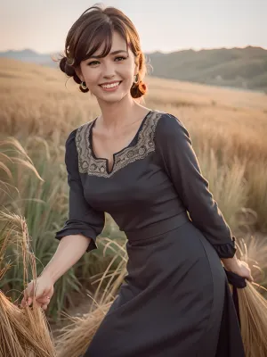 best quality, ultra-detailed, masterpiece, finely detail, highres, 8k, caucasion brunette woman, smile, 1980s, In Russian country clothes, straight cut bangs, in beautiful long dress, 1970s pinup model, (painting), USSR Epoch, curly hair, In the wheat field, 4 a.m., With car Volga, evening, pin up, in the ussr, Happy woman, 50sphotorealistic, <lora:womSov:.5>, dawma3, <lora:Mary Ann_dawma3:.5>, realistic photo, gaz3102, <lora:GAZ3102:.5>, #Pinup, #sovietpinup, #TypicalSovietwoman, #VeryHappy #woman, #Russian, #smile, #retro, #street, #park, #USSR, #Moscow, #Ссср complex background, ((bimbo make up)), Pin up style, Soviet pin up, Typical Soviet woman, style, ussr, Very realistic woman, FASHION PICTURE, DYNAMIC POSE, FULL LENGTH PICTURE, full body visible, slim Woman, 18 years old, A communist woman, ((USSR Epoch)), beautiful pin up style dress, beautiful pin up style, In stockings, perfect lighting, retro lut, retro style, 8k woman, russianebenya, <lora:russianebenya_v2:.5>, professional modelshoot style 8k high definition, <lora:ospb:.5>, lifebehindironcurtain, <lora:hjlifebehindironcurtain_v11:.5>