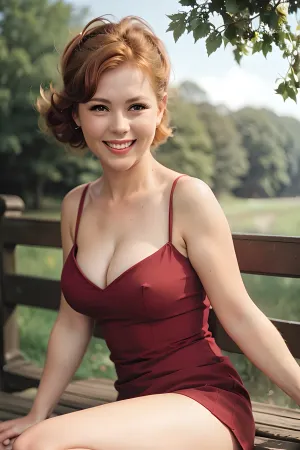 Uma impressionante mulher pinup de 1980 em um parque de Moscou, com pernas de comprimento total espalhadas e foto profissionalmente impressa, sorrindo e vestindo estilo soviético clássico compõem