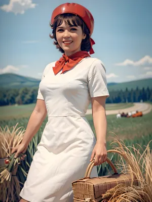 best quality, ultra-detailed, masterpiece, finely detail, highres, 8k, caucasian head woman, smile, In the Russian Countryside, 1980s, A bright dress, straight cut bangs, (((in beautiful ultra dress))), 1970s pinup model, (painting), USSR Epoch, 6 p.m., pin up, beautiful dress, in the ussr, Happy woman, 50sphotorealistic, <lora:womSov:.5>, dawma3, <lora:Mary Ann_dawma3:.5>, realistic photo, gaz3102, <lora:GAZ3102:.5>, #Pinup, #sovietpinup, #TypicalSovietwoman, #VeryHappy #woman, #Russian, #smile, #retro, #street, #park, #USSR, #Moscow, #Ссср complex background, ((bimbo make up)), Pin up style, Soviet pin up, Typical Soviet woman, style, ussr, Very realistic woman, FASHION PICTURE, DYNAMIC POSE, FULL LENGTH PICTURE, full body visible, slim Woman, 18 years old, A communist woman, ((USSR Epoch)), beautiful pin up style dress, beautiful pin up style, evening, In stockings, perfect lighting, retro lut, retro style, 8k woman, russianebenya, <lora:russianebenya_v2:.5>, professional modelshoot style 8k high definition, <lora:ospb:.5>, lifebehindironcurtain, <lora:hjlifebehindironcurtain_v11:.5>, floral, print, 1shoulder, dress, <lora:Floral_1shoulder_Dress_By_Stable_Yogi:.5>, <lora:PinkSkin:.9>, (((Poking Nipples))), <lora:Poking Nipples by Stable Yogi:1.9>, anvertinskaya, <lora:anvertinskaya:.5>, Russian, town, background, detailed, <lora:216717_training_data:.5>, Soviet woman at the factory, In the field, in the hayfield, 4 a.m., sunny day, clouds in the sky a scarf on her head, ussr maid, realistic photorealistic, in the background, HudsonHornet, <lora:soviet-poster:.5>
