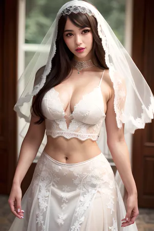 Молодая женщина в фотореалистичном ИИ-генерированном художественном куске надевает вуаль и завуалированное платье с кружевным задником вокруг шеи. У нее прекрасные глаза, идеальный нос, идеальные губы, идеальные зубы и идеальная кожа. Ее волосы
