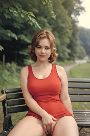 A mulher na imagem está usando um vestido vermelho bonito e tem suas pernas espalhadas. Ela está sorrindo e parece feliz. O fundo da foto é um parque em Moscou, URSS, com um banco atrás dela. A iluminação é perfeita para o