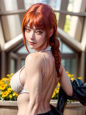 (masterpiece:1.2), (lifelike photography:1.2), (perfect lighting:1.2), (ultra-realistic detail:1.2), (8k resolution:1.2), (high resolution:1.2), (triadic colors:1.2), (deep color:1.2), (intricate detail:1.2), (complementary colors:1.2), (HD:1.2), (High definition:1.2), (One milf, Makima 30 years old), blue eyes, slim muskular body, high detail, realistic, detailed skin, realistic detailed eyes, ((big breasts:1.1)), detailed face, full-length, unreal engine, 4k photorealistic, portrait, smile, Posing for the viewer, (full body portrait:1), shows the ass, View from the rear, shirt, braid, braided, ponytail, collared, white, necktie, <lora:makima-10:1>, csmgirls, makima, <lora:CSMGIRLS:.5>, (unbuttoned white dress shirt:1), (black lace bra:1), <lora:add_detail:.5>, (mature female:1.2), <lora:artgerm-v1.5-nai-resize:.7>, <lora:epi_noiseoffset2:.2>