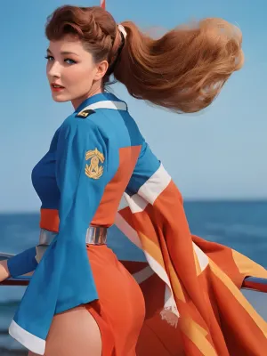 woman, pin up, 1970s, in uniform, aeroflot, stewardess, realistic, slim, beautiful face, anvertinskaya, <lora:anvertinskaya:.5>, ussr Epoch, Blonde woman with ponytail hairstyle