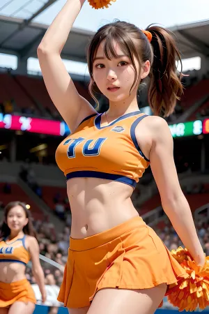 사진에서, 두 소녀는 공개하고 slutty 배구 유니폼은 카메라에 대한 포즈를 손으로합니다. 고해상도 AI-generated 70mm 렌즈를 착용하고 poms를 들고 카메라를 posing합니다. 경기장은