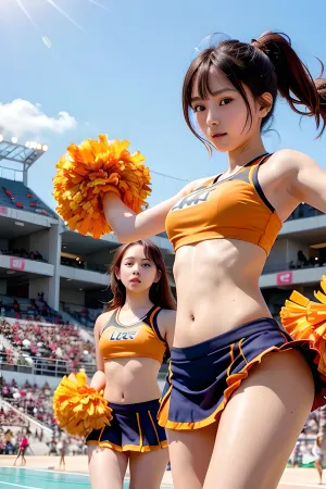 70mm lens, High resolution, 2 girls in reveling and slutty volleyball outfits, barely there bikini, camel toe, beach volleyball game, very long hair, ponytail, string bikini top, g-string bottom, wearing, cheerleader, outfit, holding, poms, stadium, dancing, posing, for, a, photo, cheering, up, the, crowd, <lora:cheerleader_outfit:.5>, U.A., CheerUniform, pom, (cheerleading\), orange, crop, top, skirt, <lora:CONCEPT-UACheerleader:.5>