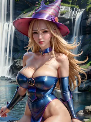 (at waterfall), (outdoors), high quality, highres, 8k, 1girl, solo, extremely detailed, detailed eyes, natural breast, perfect body proportion, hmdmg1, wizard hat, blush, blush stickers, cleavage, bare shoulders, dress, off shoulder, <lora:dark_magician_girl_v1:.7>, skirt, face focus, happy face, grin, looking at viewer, lipgloss, (masterpiece:1.4), (best shadow:1.4), (stunningly beautiful face:1.4), upper body, mature female, detailed skin, shiny skin, sakimichan, <lora:sakimichan-v1.6-lora-naivae-newcraft-block-4ep:.6>, <lora:add_detail:.2>, standing pose, (portrait:1.4)