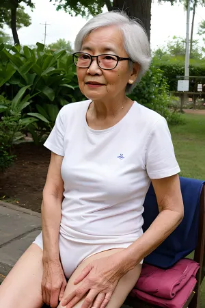 The elderly woman, 90 years old, sat naked on a chair in her living room. She had a thick bush of pubic hair and was wearing glasses. Her grandson, a young man in his twenties, walked into the room with his