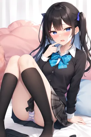 (((embarassed))), flushed, cute tall girl, cute tall legs, arm rest, bangs, black hair, black skirt, black socks, blue eyes, bow, bowtie, brown shirt, collared shirt, disgust, feet, frown, kneehighs, long sleeves, looking at viewer, miniskirt, no shoes, on bed, open mouth, panties, pillow, pink bow, pink bowtie, plaid, plaid skirt, pleated skirt, school uniform, shaded face, shirt, hair, skirt, socks, soles, striped, striped bow, striped bowtie, teeth, underwear, upper teeth only, white panties, white shirt, <lora:ups_v0.4:1>