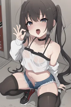 La chica de la foto está usando una tapa de tanques de midriff, collar de garfio y peinado de cócteles. Se mete con las manos de rodillas, mirando la cámara con una expresión de lujuria