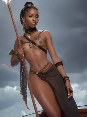 La joven africana con un cuerpo delgado y ojos grandes, vestida con un sombrero pirata con un galleón, estaba en la cubierta de un antiguo barco de vela. Tenía un alto detalle y mejillas extenuadas, su pelo era rizado y salvaje. Ella