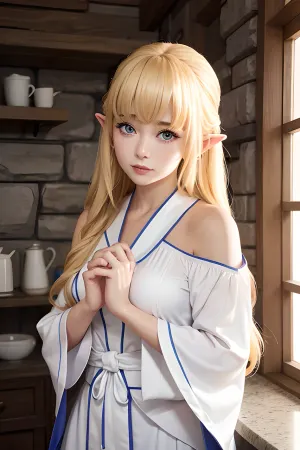 젊은 여성은 뷰어에 직면하고, 그녀의 금발 머리는 그녀의 어깨를 태아. 그녀 wore 화이트 robe 그 hugged 그녀의 curves 과 reveal 그녀의 bare shoulders. 한 손으로, 그녀는 돌 오두막 앞에 서 자신의 사진을 개최