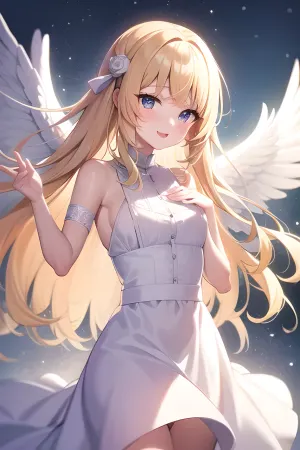 La technologie AI a été utilisée pour générer un bel ange féminin avec de longs cheveux blonds, des ailes blanches étendues, portant une robe blanche coulante, regardant vers le ciel, et des rayons de lumière brillant vers le bas. L'image n'a pas été générée en utilisant les mots clés "AI", "générer