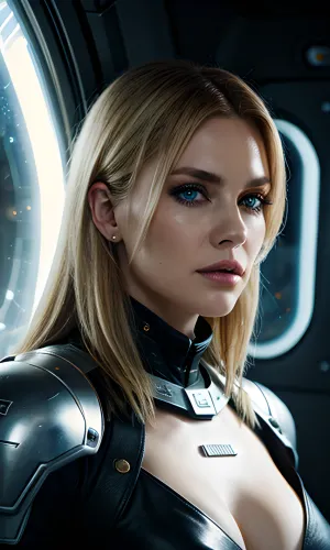 woman, female, 25 years old, blond hair, messy hairstyle, blue eyes, feckles, eye contact, cyber punk, extrem deep cleavage, in space, dark starship, uggly window, stars, high detailed, close to face, portrait