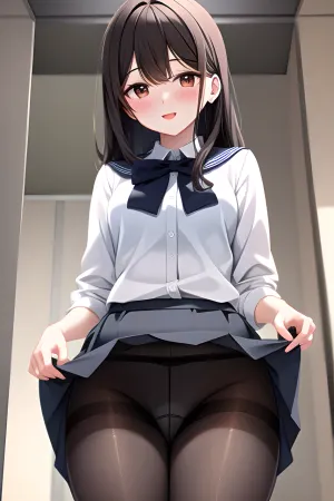 woman, (masterpiece), (Perfect illumination), Cute, innocent, pure, naive, (school skirt), (pantyhose), view under skirt, (lift skirt:1.5), Buttlift, <lora:ButtLiftV14-000060:.5>