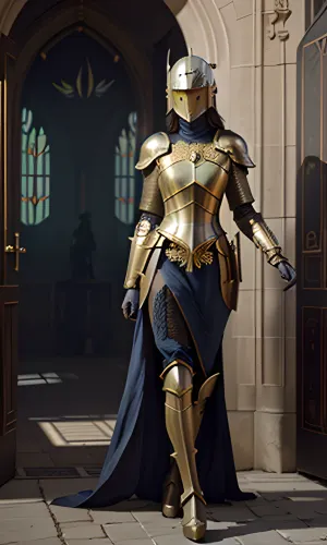 woman, (extremely detailed CG unity 8k wallpaper), full-length photo, (((sexy female knight))), ((wearing a full-face helmet:1.4)), ((full body armor)), ((standing at the castle door)), magnificent armor, hourglass figure, (dense armor), beautiful long legs, fancy metalwork, intricate, ((filigree in the form of a golden butterfly)), High detail, clear focus, works by Midgourney and Greg Rutkowski, realism, beautiful and detailed lighting, shadows