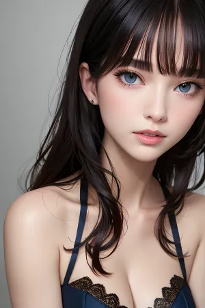 一个年轻的成年女孩站在维多利亚式的壁纸前,她瘦瘦的身体上装饰着美丽的蕾丝吊带和咽喉. 她长长的深色头发伸向她的背部 完美地塑造了她的脸 她没穿内裤