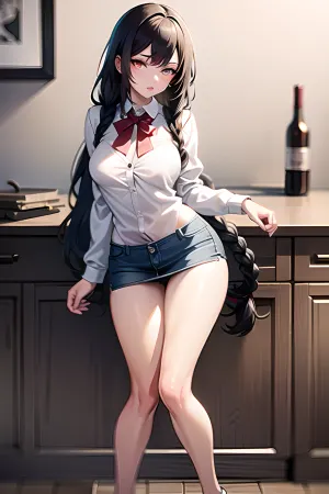 Eine atemberaubende Frau in einem Bild mit ihrem perfekten Körper und perfektem Gesicht, tragen eine geflochtene Cardigan über ihre Schultern, mit Nippeln, die auf die Aufmerksamkeit stehen. Ihre Mikro Denim Shorts betonen ihre sinnlichen Kurven und die Kücheneinstellung fügt hinzu