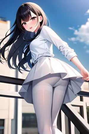 woman, (masterpiece), (Perfect illumination), Cute, innocent, pure, naive, (white skirt), (pantyhose), view under skirt