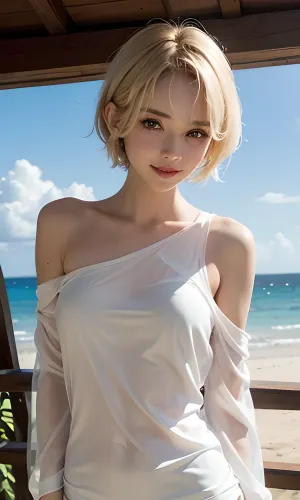 1woman, small breasts, 30 years old, imperfect skin, smile lines, short hair, pixie cut, blonde, European, short height, hard nipples, front view, oiled up, sweaty, all wet, shirt, white, collarbone, short, sleeves, t-shirt, off, shoulder, oversized, naked, clothes, see-through, silhouette, <lora:Concept_Oversized:.5>