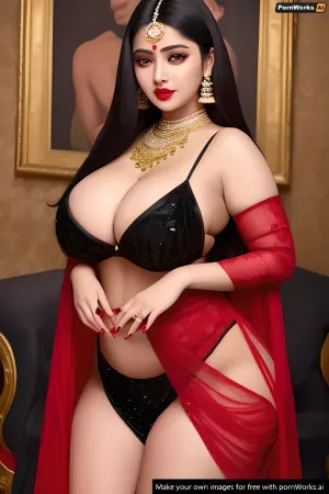 hot bengali young woman, thicc, long black hair, diamond eyes, red long dress, black gloves, red lips, sex pose, ligtroom, in gallary, best quality, 8k, realistic, detailed face. masterpiece, in full growth, with out top, tits out