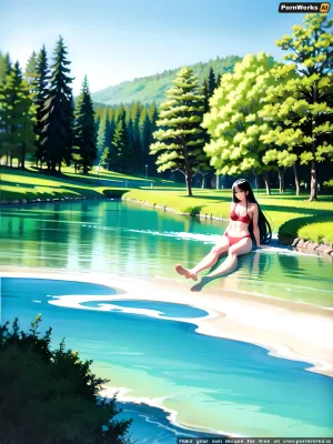 woman, lake nearby a slide around the forest a mermaid jumped from a slide into the lake, drawing in watercolor, gouache, a little surrealistic and abstraction