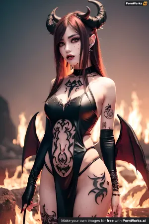 18 years old girl, anorexia, very thin, very thin waist, best quality, ultra-detailed, masterpiece, finely detail, highres, highly detailed face, (highly detailed eyes:1.3), 8k wallpaper, (in full height:1.3), (tattoo:1.5), (demon girl:1.5), (demon horns:1.5), (demon tail:1.5), (big demon wings:1.5), standing in the middle of lava on fire, (girl on fire:1.5)