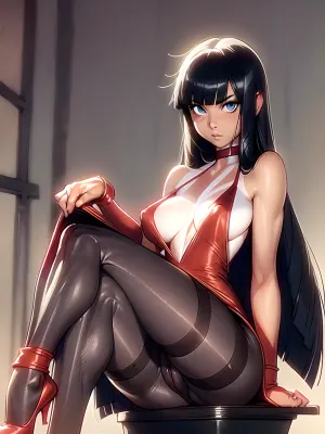 (anime style:1.4), marci, (masterpiece, best quality:1.2), pussy, (tanned body, tanlines, realistic legs, long legs, realistic body proportion, deep neckline, straps, realistic hands, realistic fingers), bbcchan, 1girl, solo, crossed legs, sitting, black pantyhose, long hair, looking at viewer, holding, indoors, red footwear, window, ((black pantyhose)), breasts, bangs, chair, blue eyes, closed mouth, intravenous drip, dress, red long dress, black hair, without sleeves, high detailed face, <lora:bbcchan:.95>