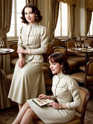 woman, Generate an image that transports us to the enchanting world of the interwar period in Moscow, where a young and elegant flight attendant savors a quiet moment at a charming Moscow cafÃ©.
The flight attendant herself embodies the grace and sophistication of the era. She possesses a timeless beauty and slender figure that complements her chic and vintage attire, perfectly in sync with the ambiance of the interwar period.
Her hair, a rich chestnut hue, is elegantly styled in loose waves that frame her face. Her eyes, a captivating shade of deep hazel, reflect both the allure of Paris and a sense of curiosity. Long, dark eyelashes emphasize her eyes, and she wears subtle brown eyeshadow that adds to her sophistication.
Her facial features are delicately proportioned, featuring a e nose and high cheekbones that evoke the elegance of the interwar era. Her lips, with a natural rosy tint, form a warm and inviting smile that exudes charm and grace.
The flight attendant's attire is a testament to the fashion of the timeâa tailored, knee-length dress cinched at the waist and flared at the skirt. She wears a stylish cloche hat adorned with a ribbon, adding an air of sophistication. Classic pumps and a vintage leather handbag complete her ensemble.
As she sits at the Parisian cafÃ©, she enjoys a cup of coffee, her delicate fingers wrapped around the warm porcelain cup. The cafÃ© exudes an authentic interwar atmosphere, with wrought-iron tables and chairs, checkered tablecloths, and the soft hum of conversation in the background.
The image is bathed in the soft, romantic light of a Parisian afternoon, casting a warm and nostalgic glow over the scene. It captures a fleeting moment in time, where the flight attendant relishes the magic of Paris during the interwar period, embodying the spirit of elegance and exploration.
This revised prompt focuses on the flight attendant's experience at a Parisian cafÃ©, maintaining the interwar atmosphere., <lora:add_detail:.5>, <lora:bichu-v0612:.5>, <lora:sxz-slavic-fantasy-v1:.5>, <lora:detailed_eye:.7>, <lora:Gloomifier_slider_LECO_500w:1>