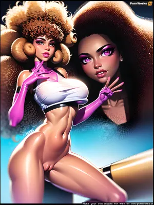 woman, furry, young, low light, flashing lights, color, photo, ultra-realistic, 8k, photographed at night, backlit, retro, ((bottomless)), no panties, no panties with bare pussy, open vagina, blonde hair, (((blue loose crop top))), long sleeves, very large red lips, perfect eyes, perfect thinness, shiny oiled body, perfect body, black skin, afro, perfect face, super realistic hair, perfect teeth, (((brown hair afro curls))), (((very bright pink makeup))), tube lips